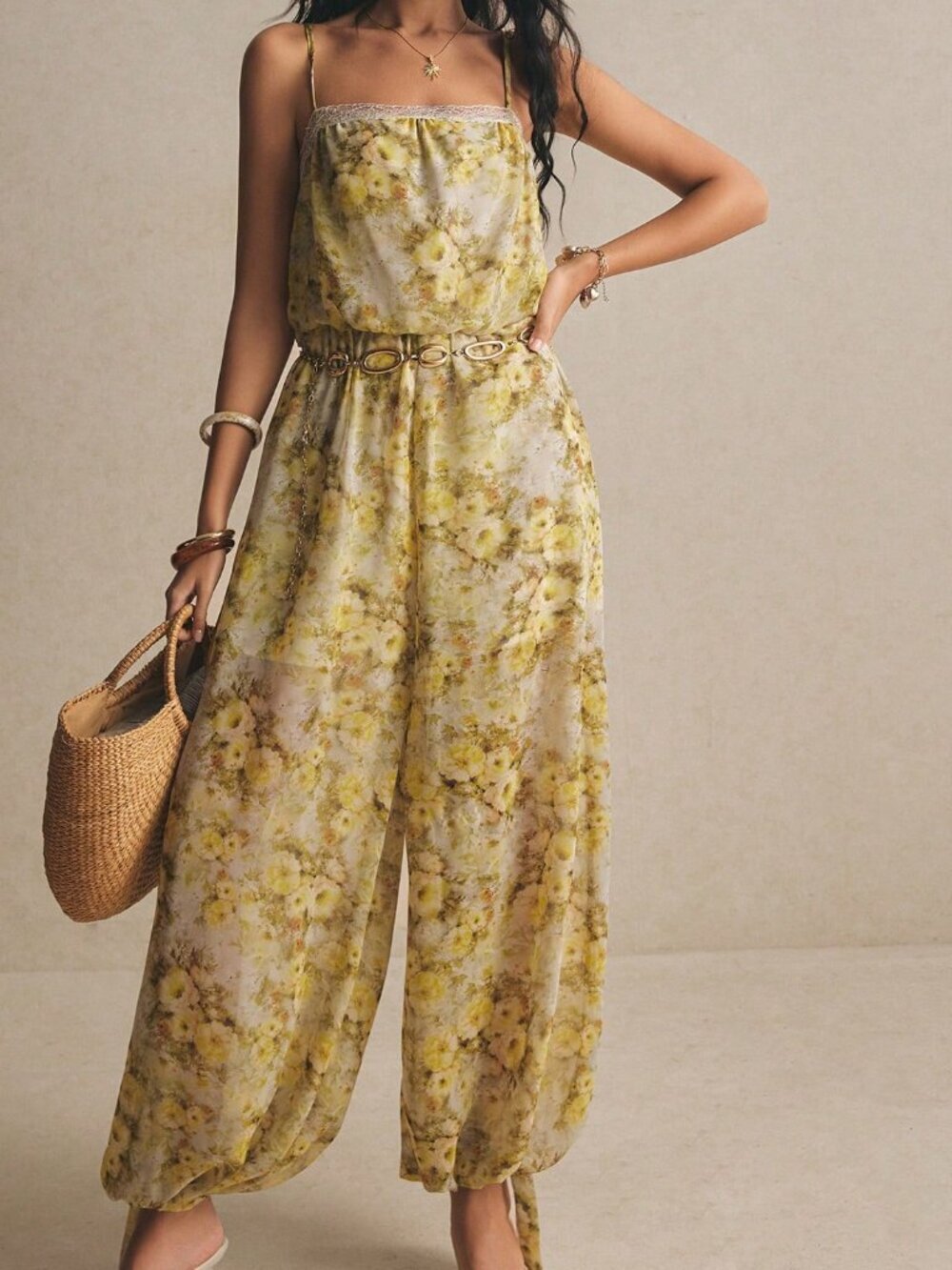 Multicolor Boho Women's Watercolor Lace Trim Wide Leg Chiffon Romper